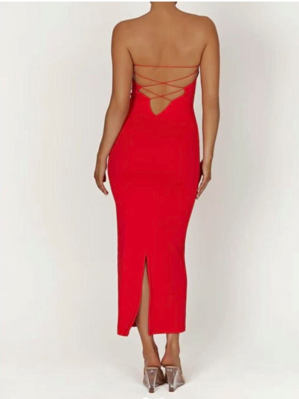 Meshki Vivian Recycled Nylon Strapless Tie Up Maxi Dress in Red NWT